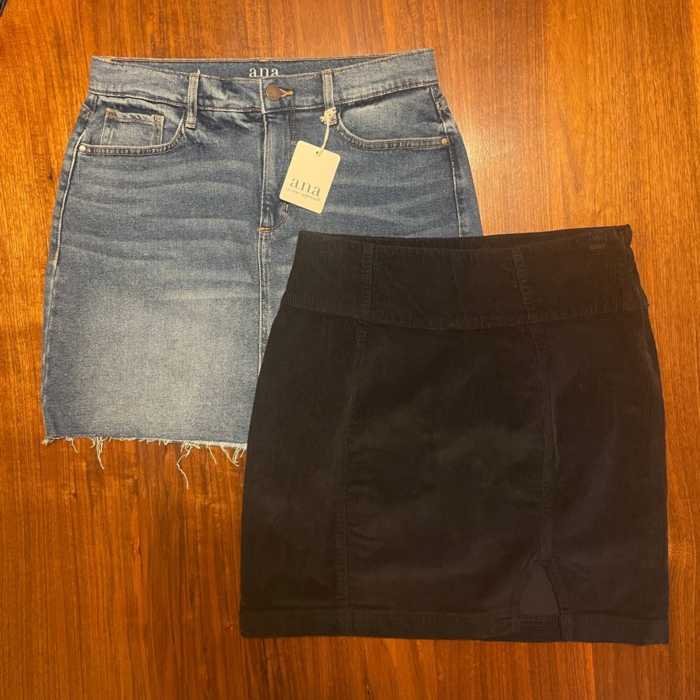 Pair of mini skirts- black corderoy  and frayed edge denim